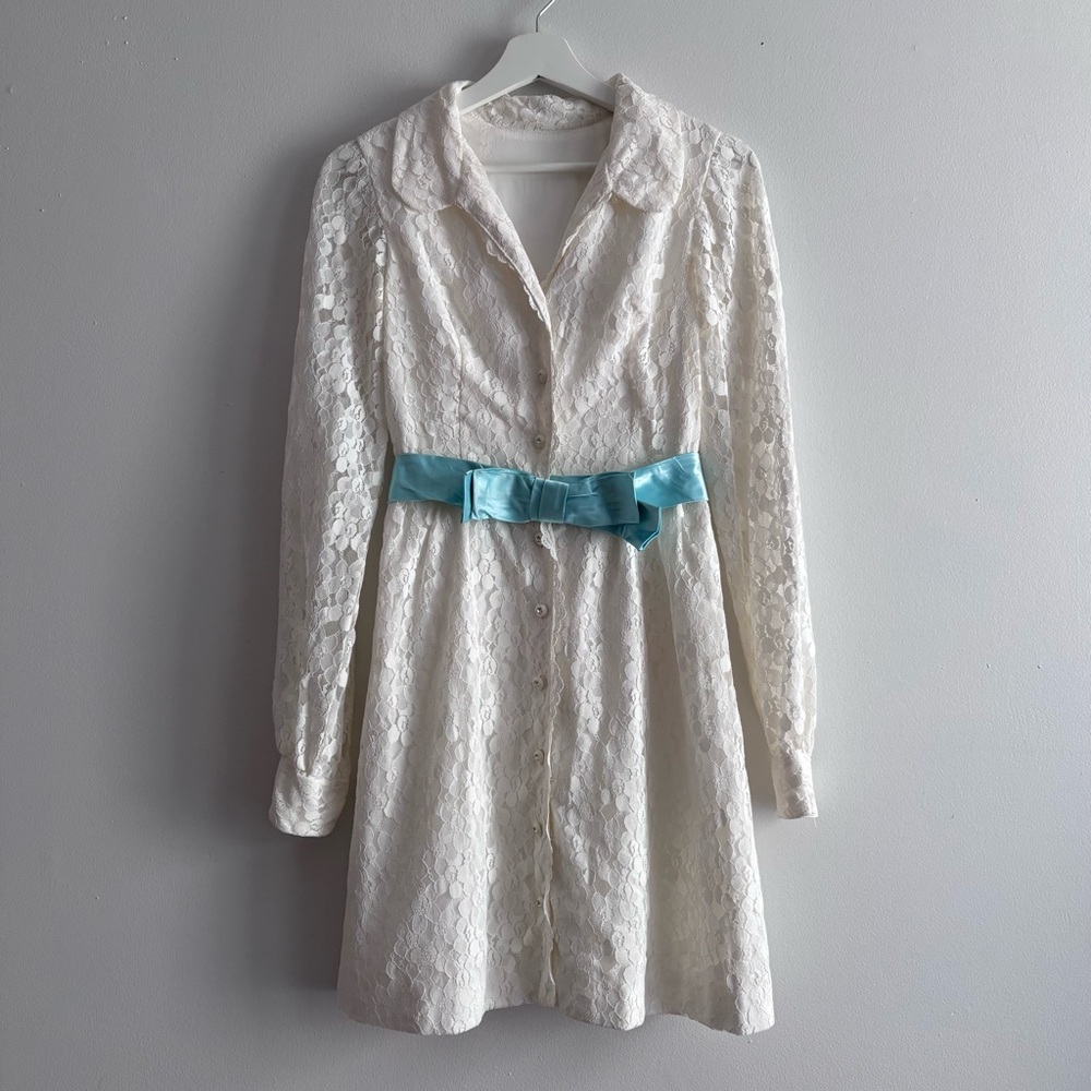 Vintage 1960s White Lace & Blue Sash Bow Dress